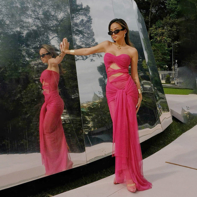 Tube Top off Neck See through Tied Slim Fit Dress for