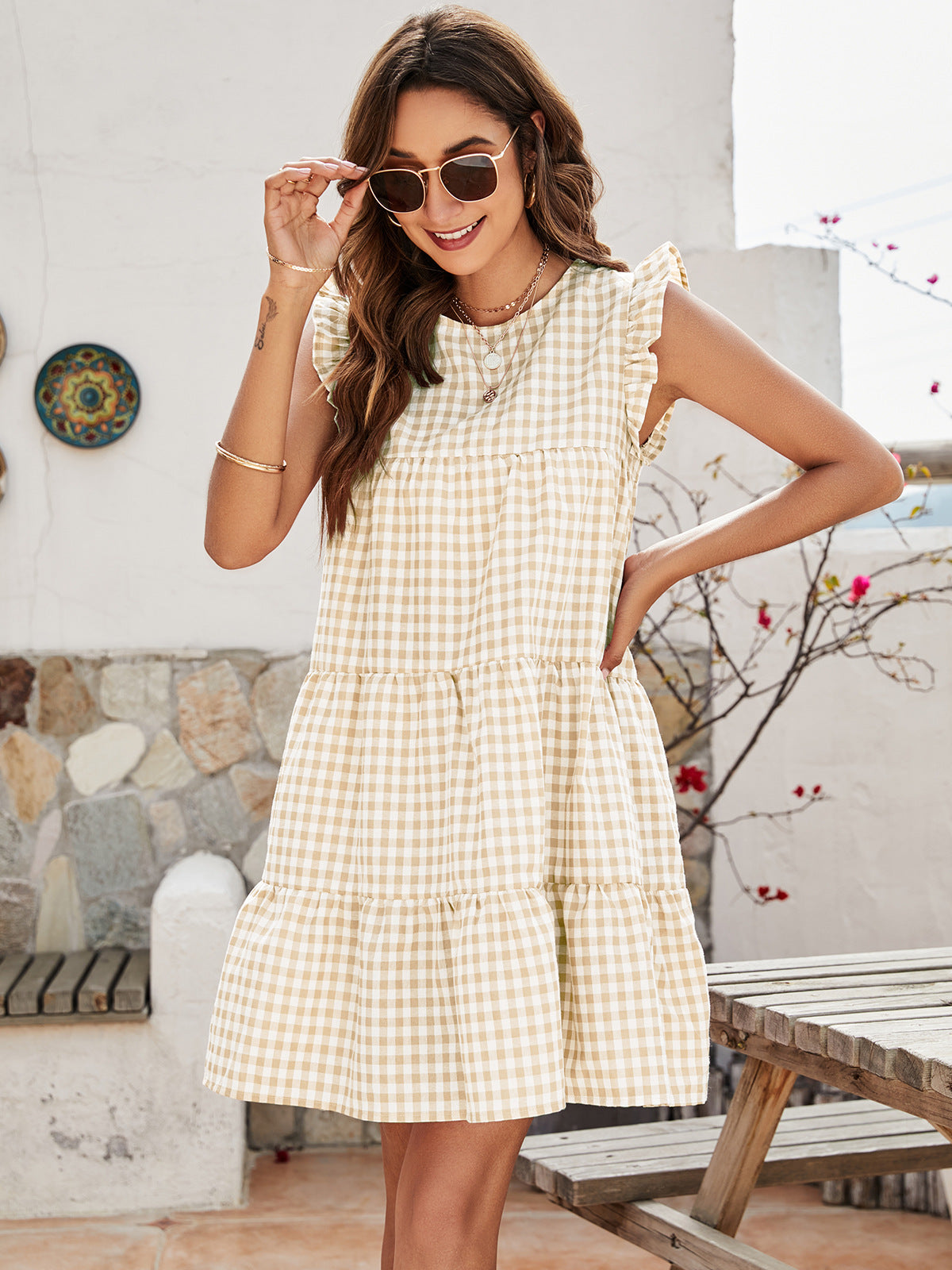 Cupcake Cotton Pocketed Polka Dot Babydoll Dress Beige