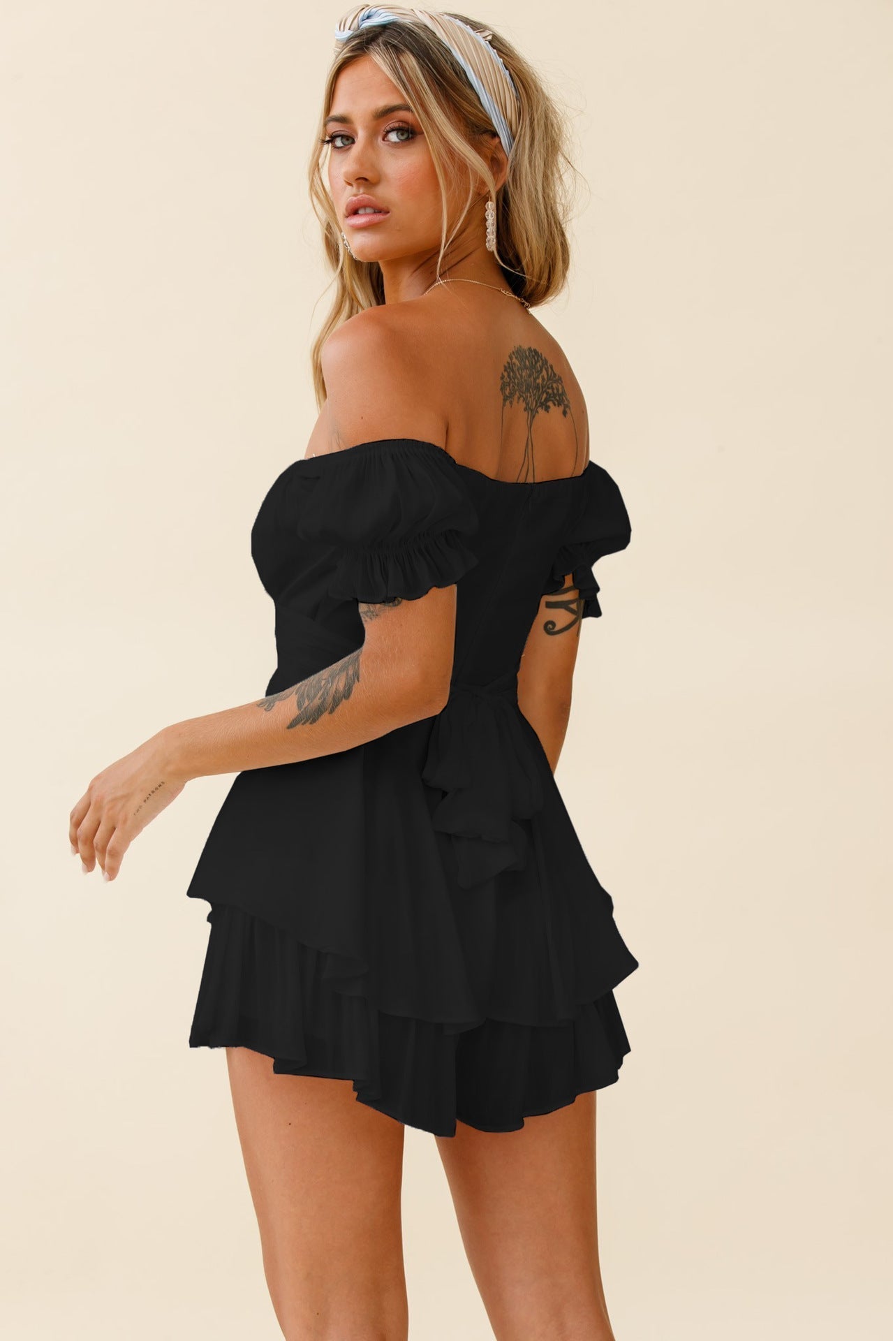Mahoney Smocked Ruffle Mini Dress Black