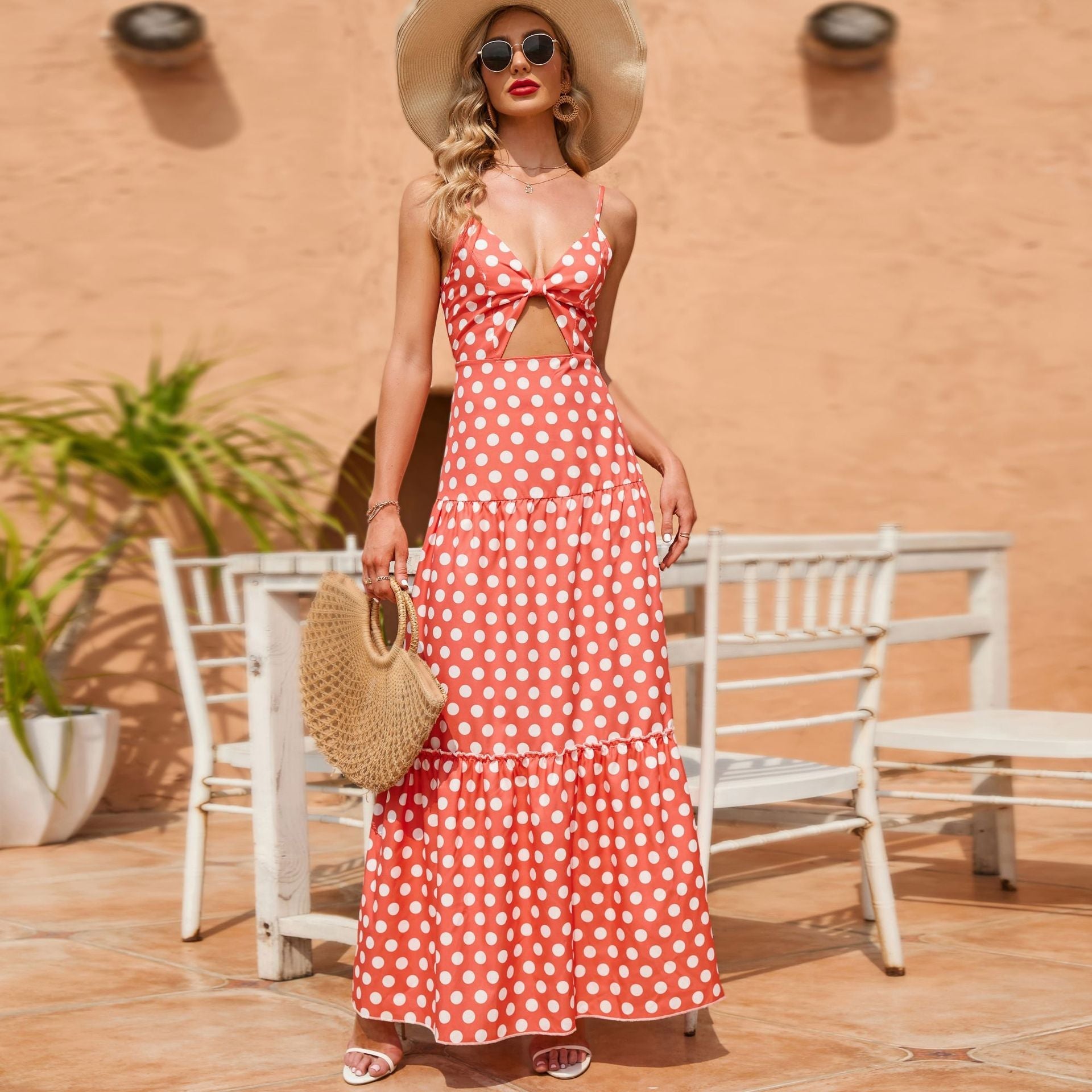 Torrie Polka Dot Tie Front Maxi Dress Rust FINAL
