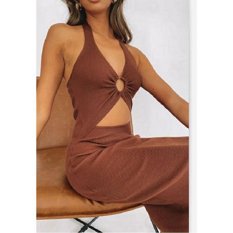 Cotton Cutout Halter Midi V Neck Dress