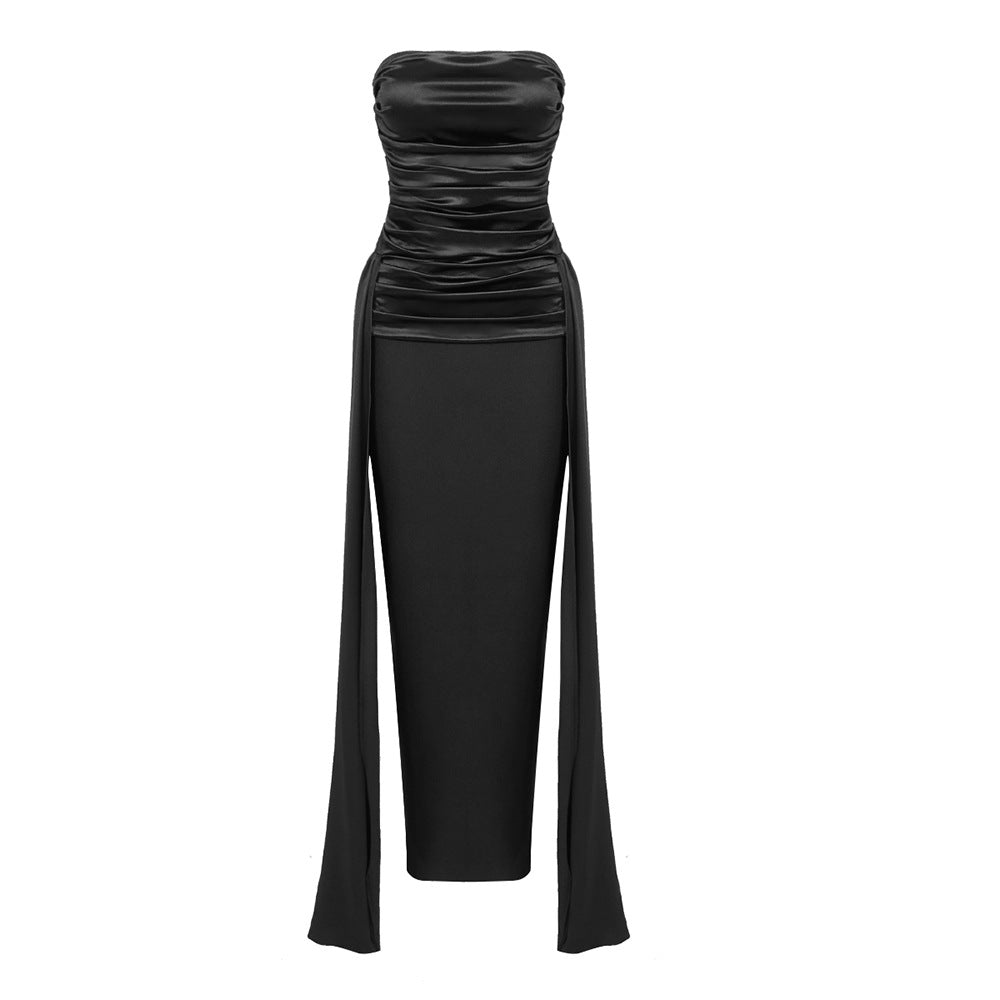 Black Tube Top Pleated Ribbon Dress Dress