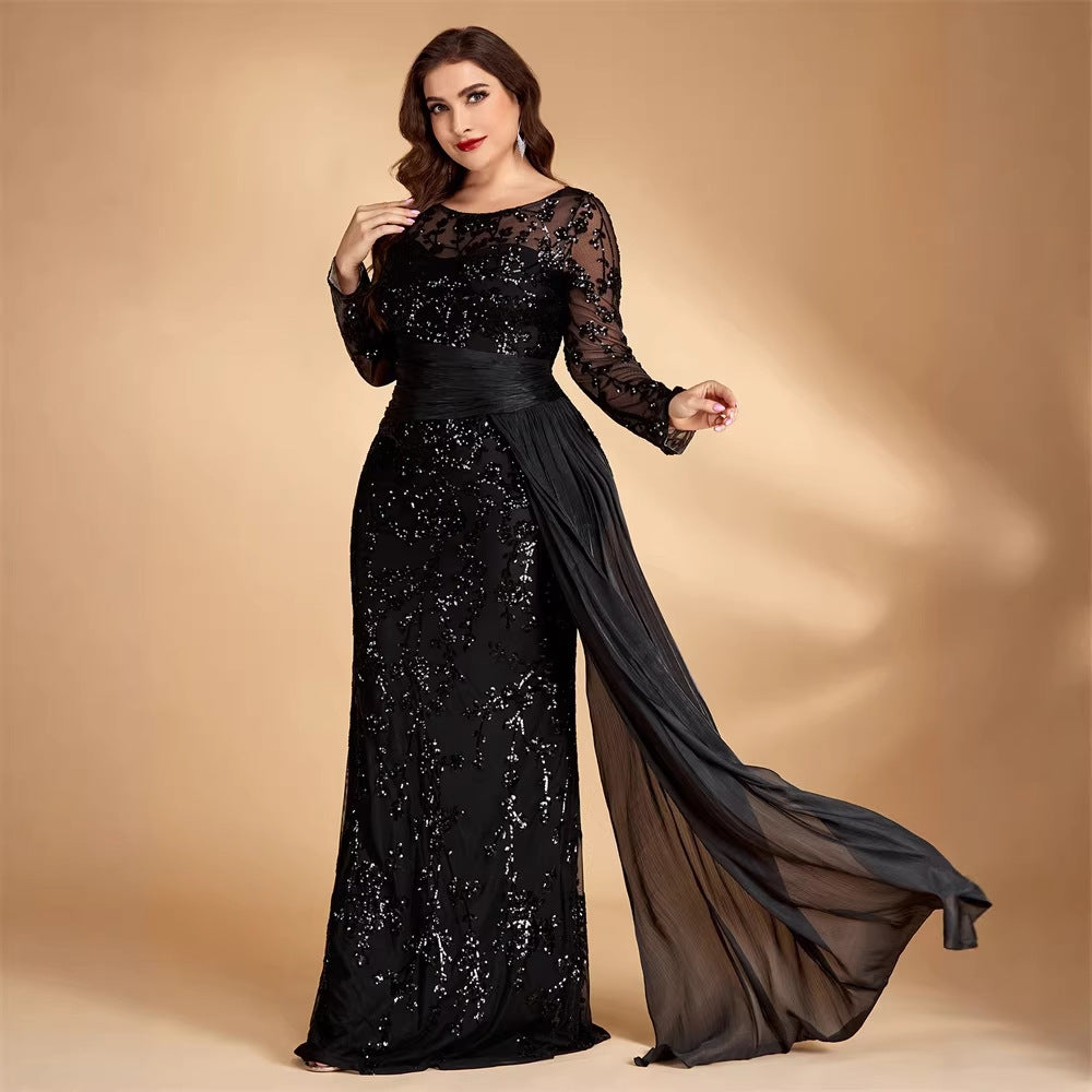 Plus Size Woman Elegant Sequin Stitching Fit round Neck Long Sleeve Cocktail Party Dinner Dress Mom Dress Women