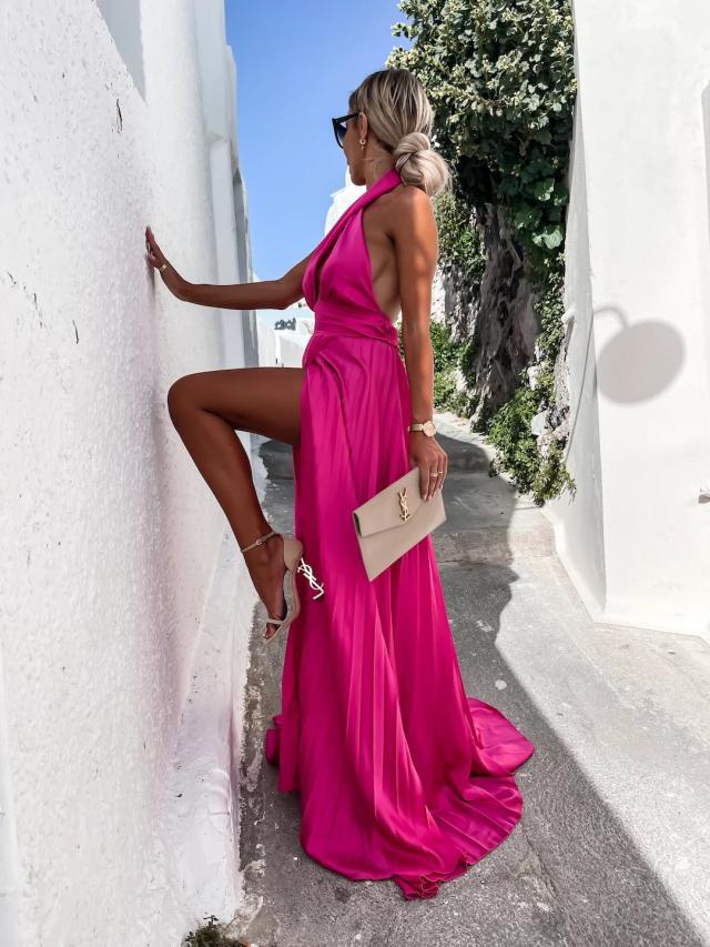 Daffy Backless Halter Maxi Dress Fuchsia
