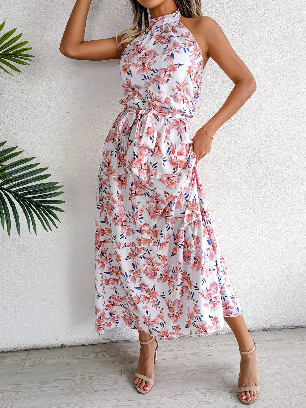 Sure Thing Floral Chiffon Halter Maxi Dress Cream FINAL