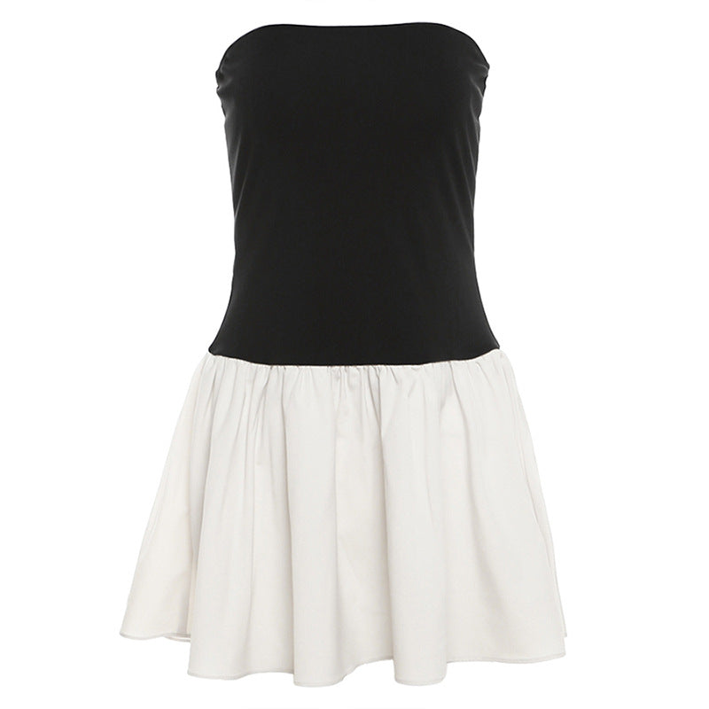 off Neck Color Contrast Patchwork Pleated Slim Dress for