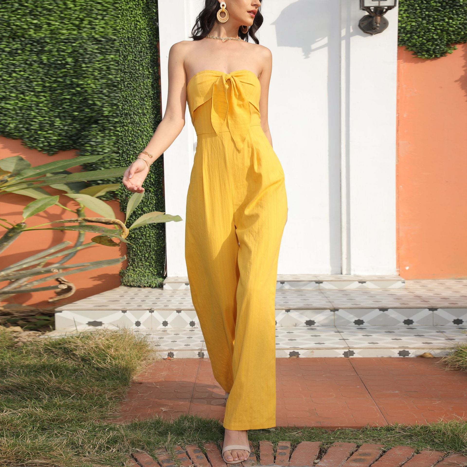 Summer Trousers without Belt Straight Yellow Adult Office Pure High Waist Jumpsuit