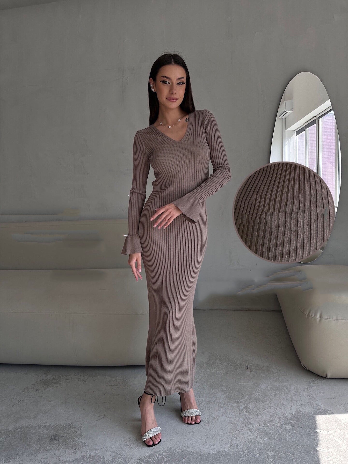 Long Sleeve V neck Tight Knitted Dress Solid Color Rib Fabric Wool Long Dress