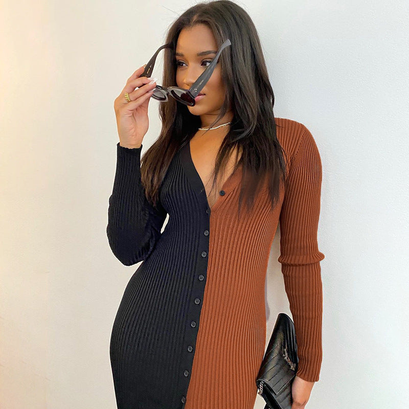 Abril Colorblock Button Front Knit Midi Dress Black Tan
