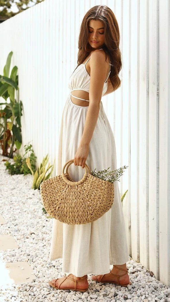 Rachelle Linen Blend Cutout Halter Maxi Dress Taupe