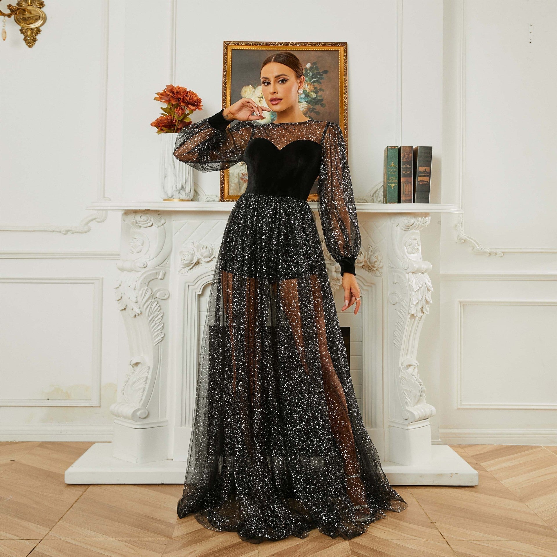 Long Sleeved round Neck Cocktail Sequin Gauze Large Swing Evening Dress Bridesmaid