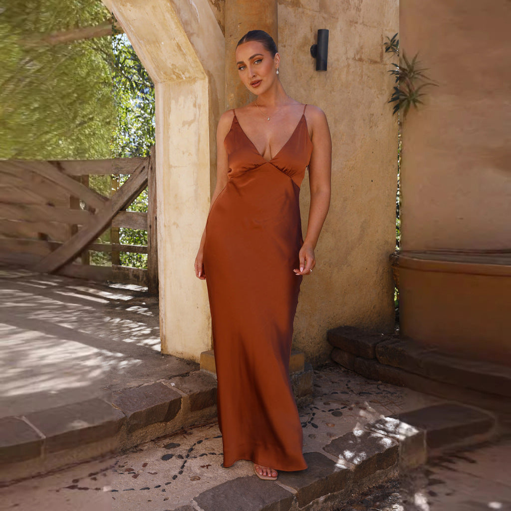 Backless Slit Solid Color Dress Sling Slim Mid Length