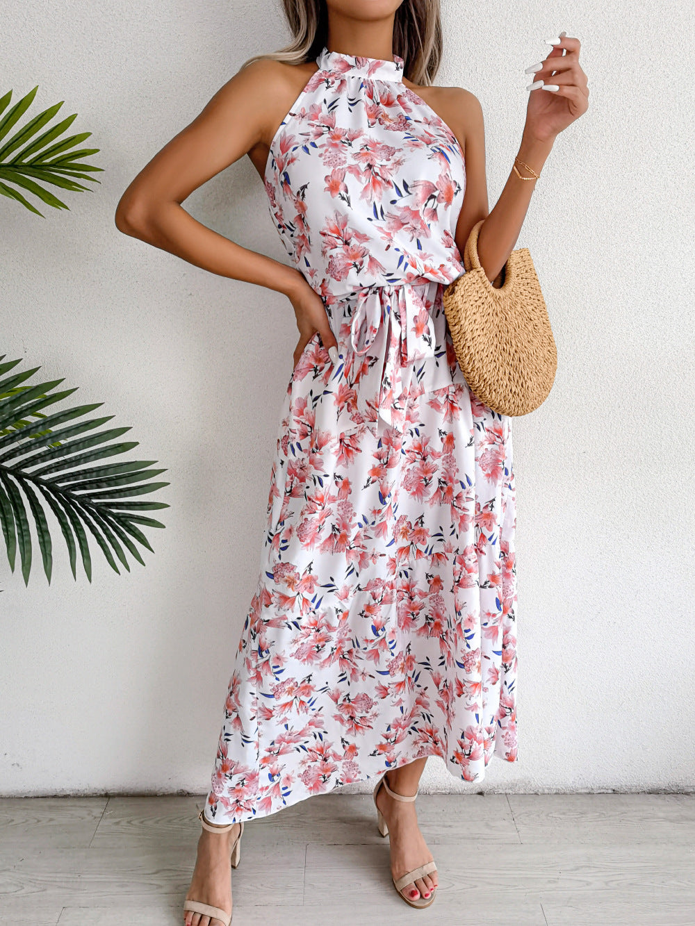 Sure Thing Floral Chiffon Halter Maxi Dress Cream FINAL
