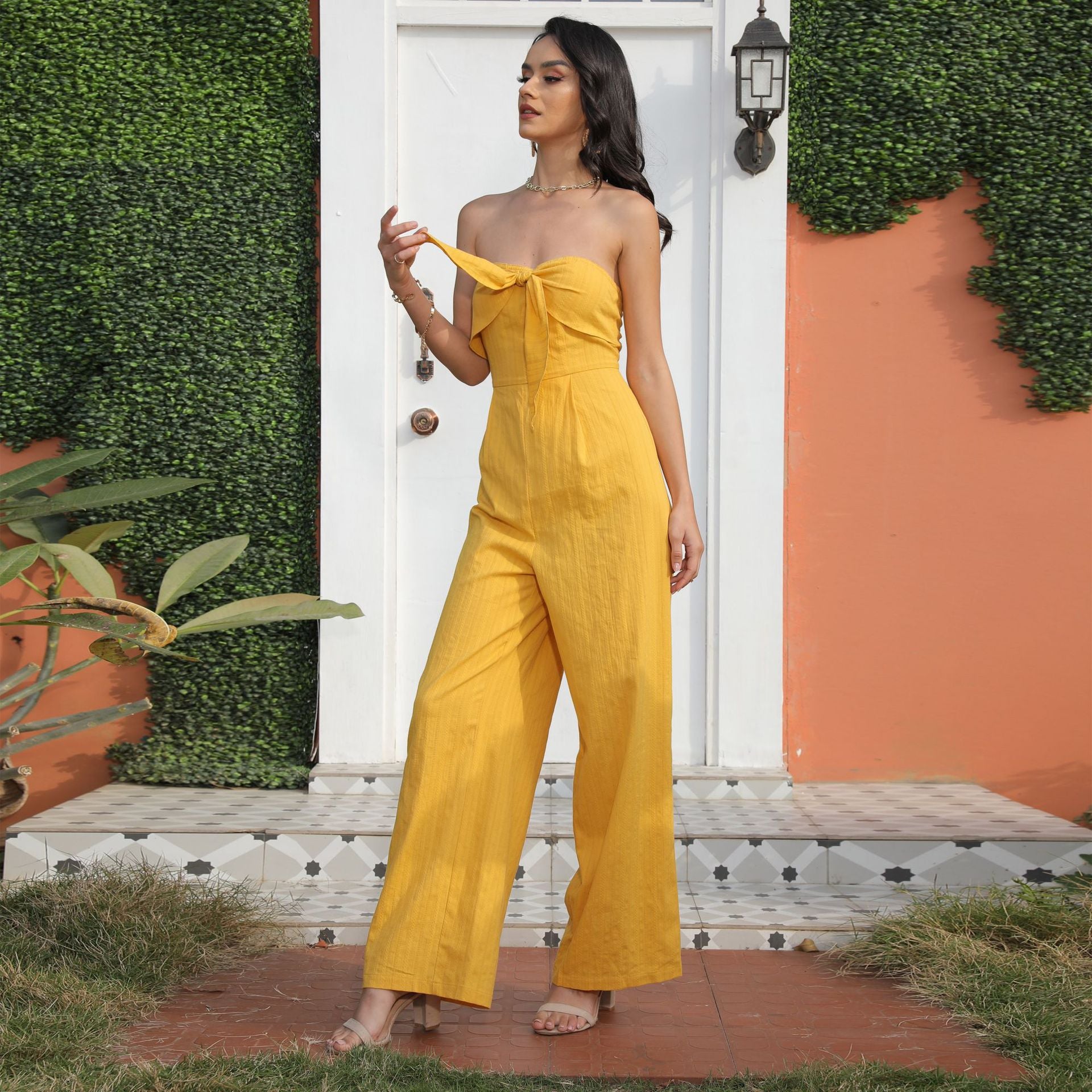 Summer Trousers without Belt Straight Yellow Adult Office Pure High Waist Jumpsuit