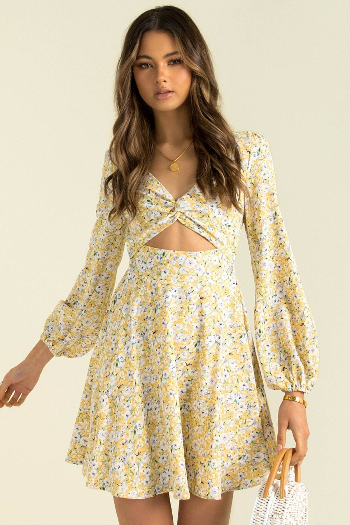 Inner Sunset Floral Smocked Cutout Dress Sage