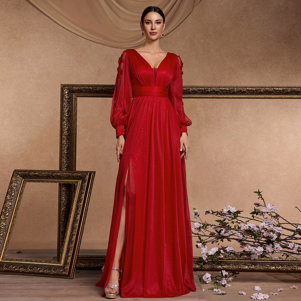 Long Sleeved Evening Dress Women Cocktail Sexy Dress with Vents Long Bridesmaid Toast Dress V neck