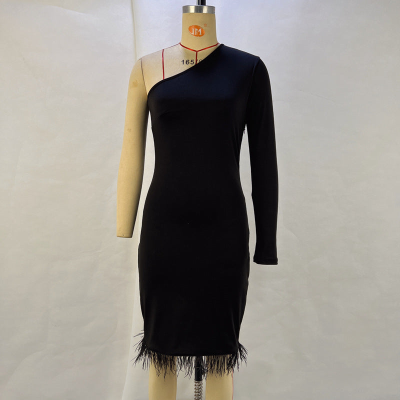 Oblique Shoulder Slimming Sheath Split Dress Furry Stitching Hem Dress