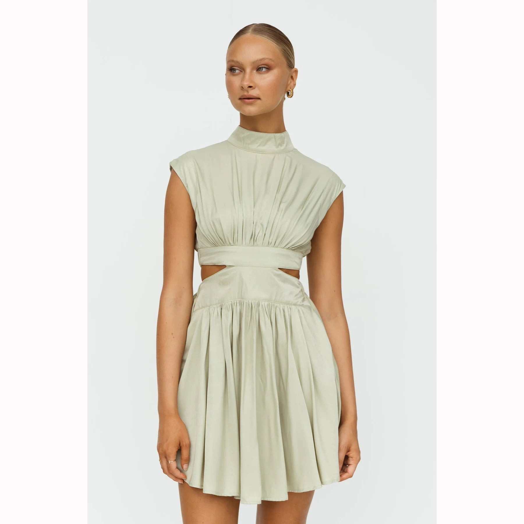 Solid Color Sweet Tight Waist StCollar Cropped Outfit Short Dress