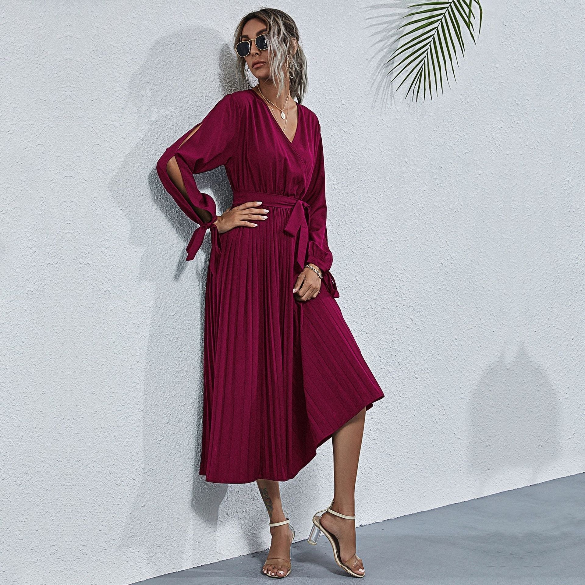 Josefa Satin Pleated Midi Dress Wine FINAL