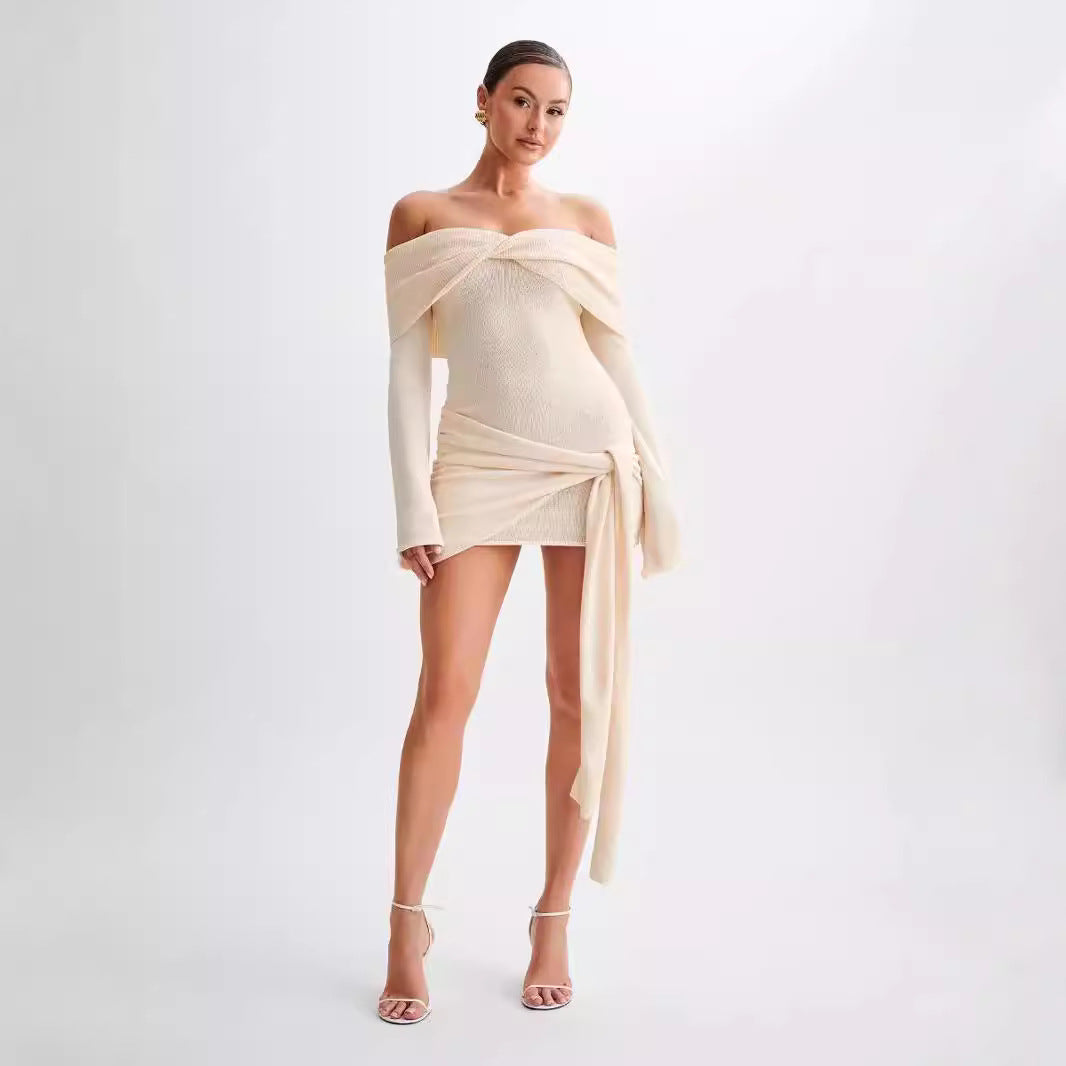 Sidony Waist Knot Off Shoulder Knitted Mini Dress