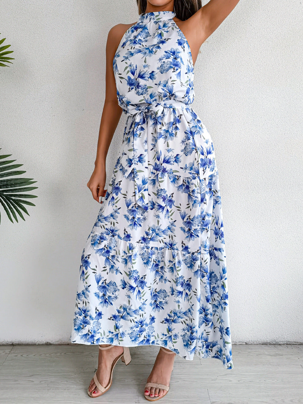 Sure Thing Floral Chiffon Halter Maxi Dress Blue FINAL