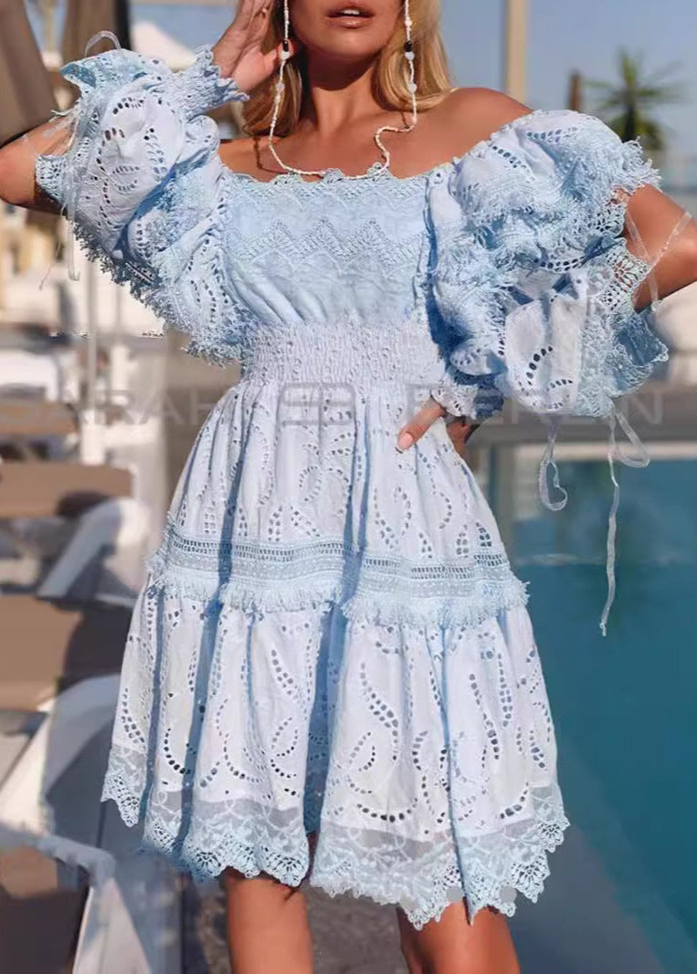 Seraphina Broderie Puff Sleeve Dress Blue Smocked A Line Mini