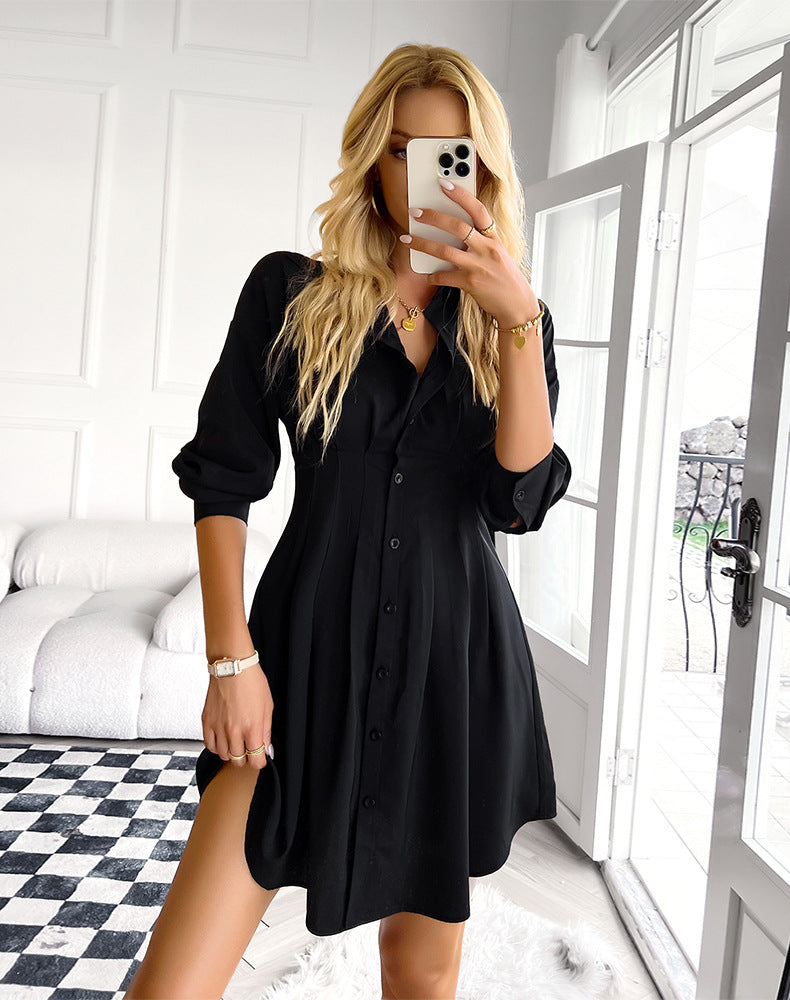 Sarabeth Pintuck Button Down Shirt Dress Black