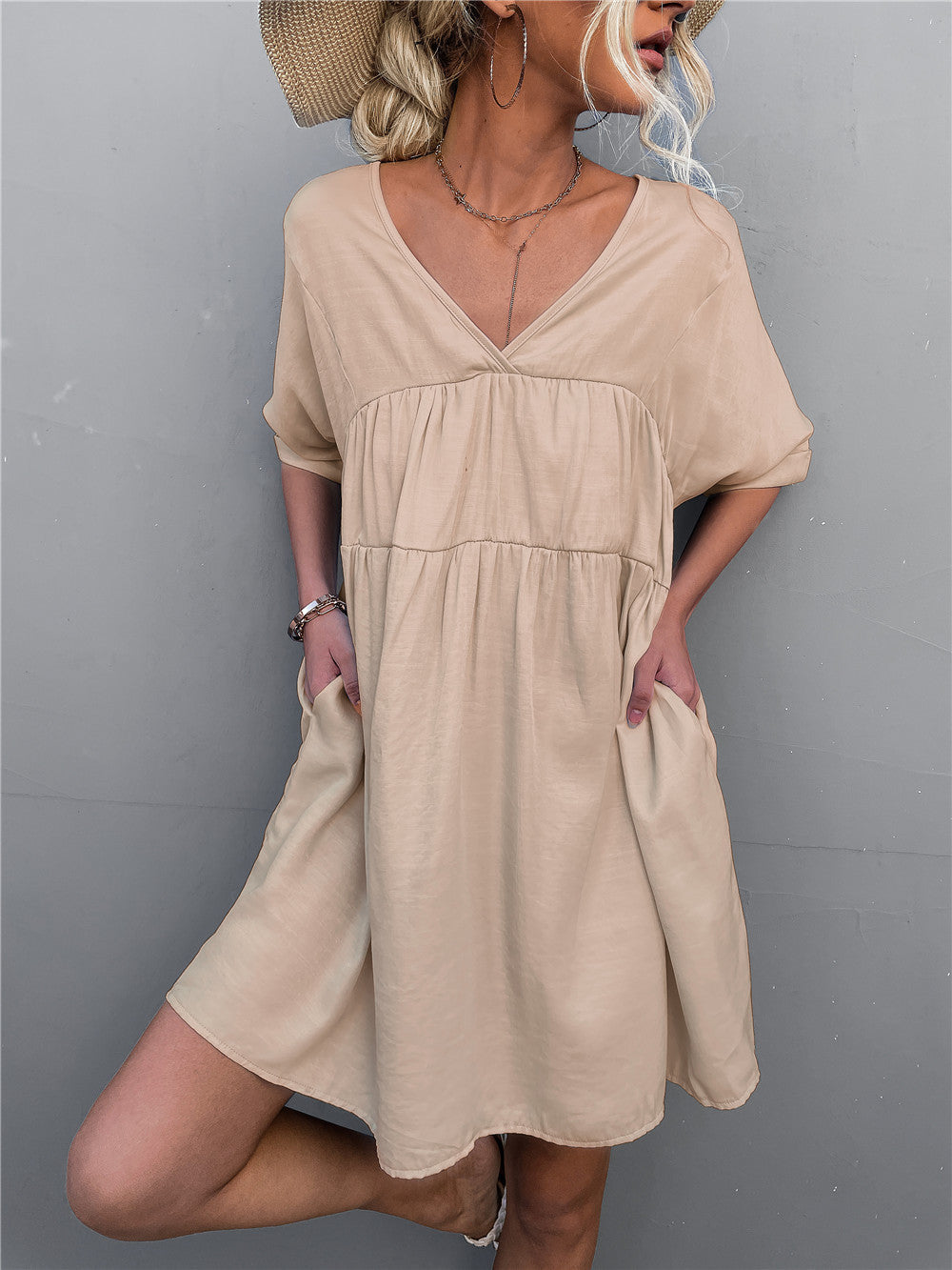 Goodness Cotton Pocketed Babydoll Dress Khaki