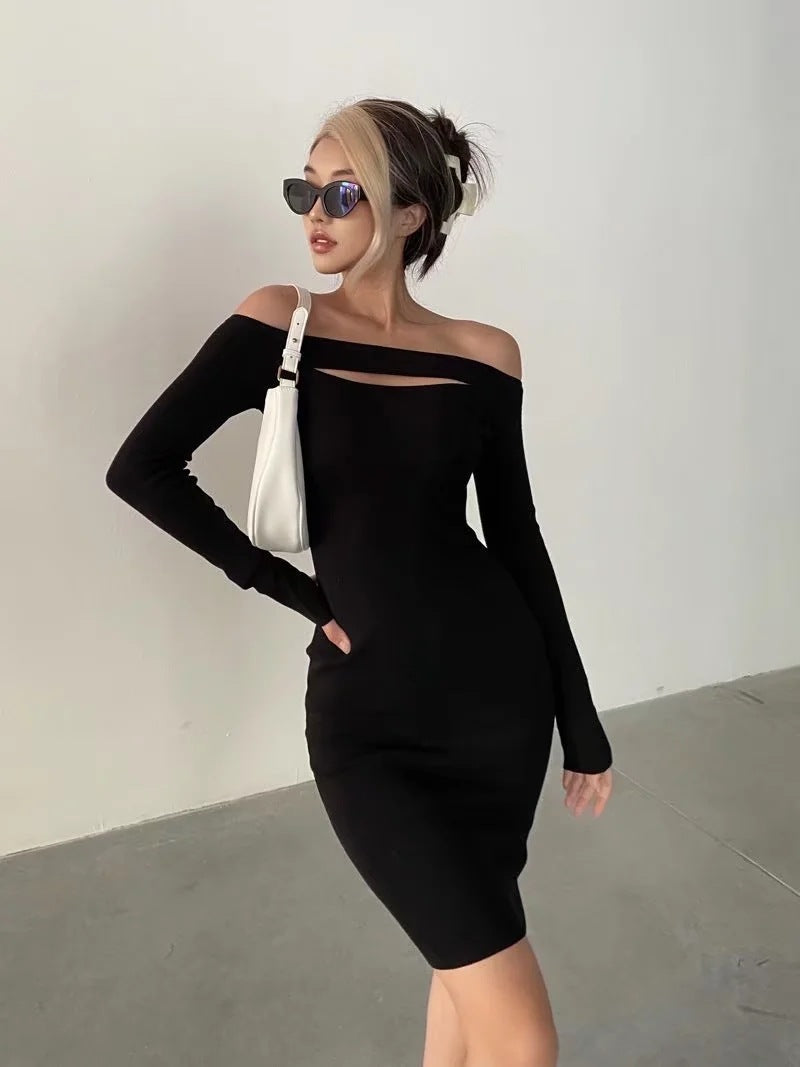 Victory Ribbed Off The Shoulder Midi Dress Black