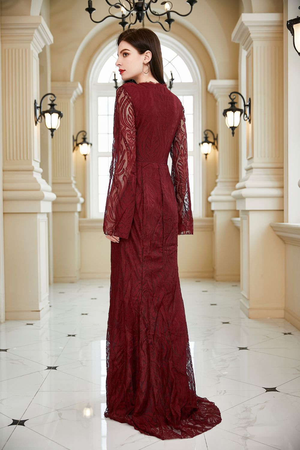 Women Clothing Lace Dress Wedding Bridesmaid Long Sleeve V neck Slim Hip Wine Red Dress
