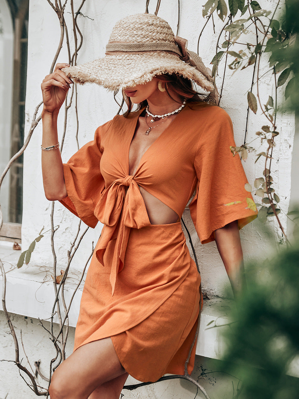 Jenner Linen Blend Tie Front Cutout Midi Dress Orange