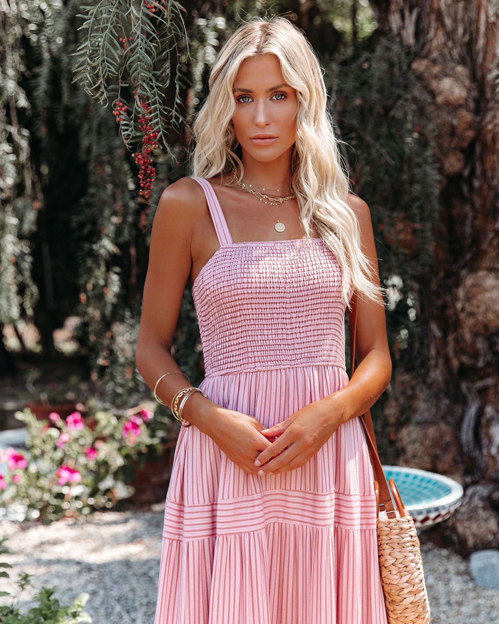 Sunshower Cotton Tiered Maxi Dress Dusty Rose