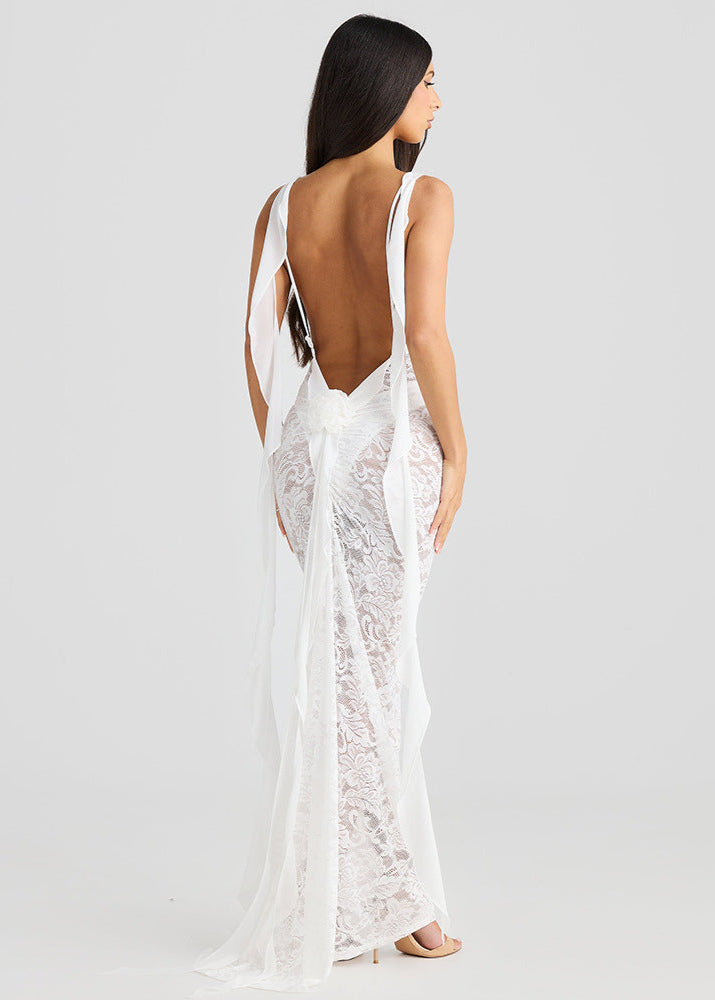 Celestine Sheer Lace Backless Maxi Dress