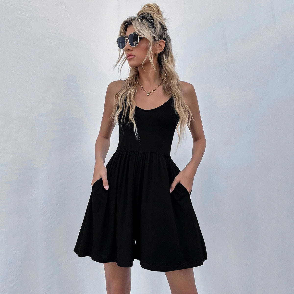 Fine By Me Pocketed Smocked Dress Black