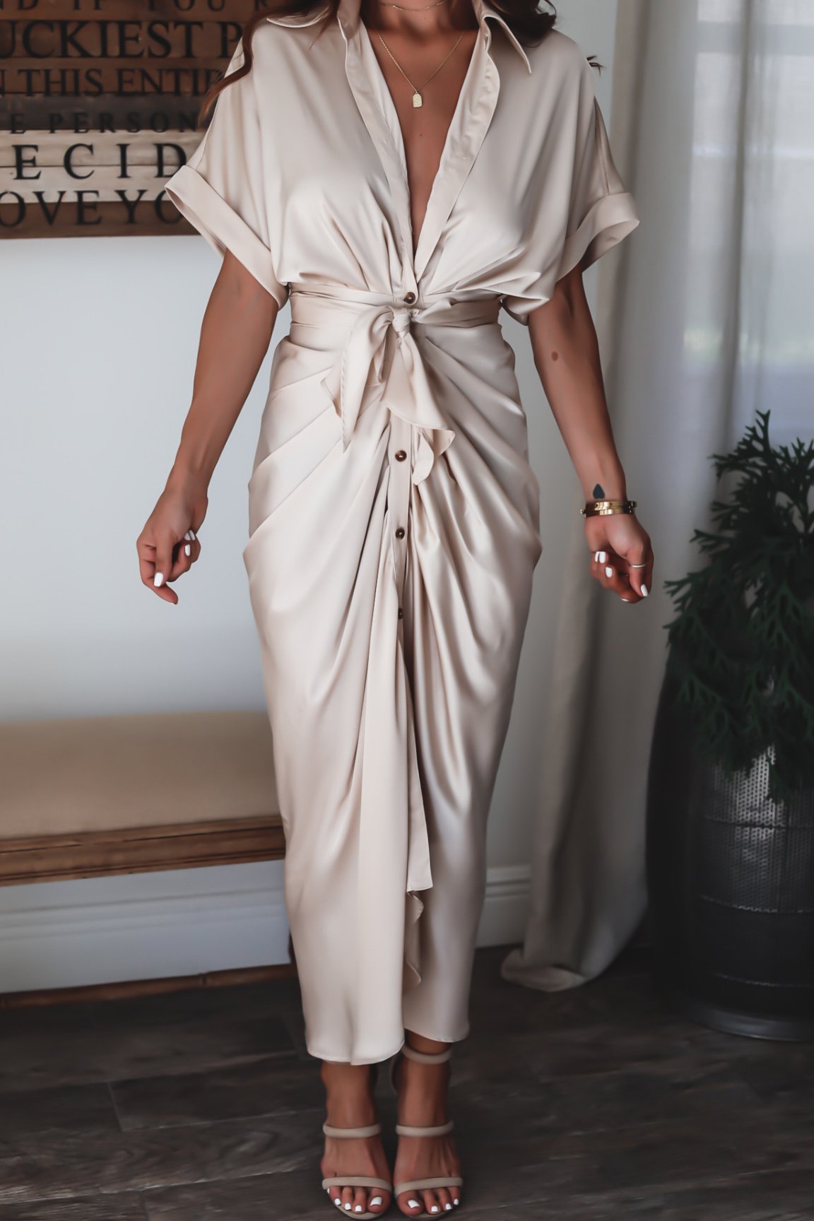 Luv Satin Tie Front Midi Shirt Dress Champagne