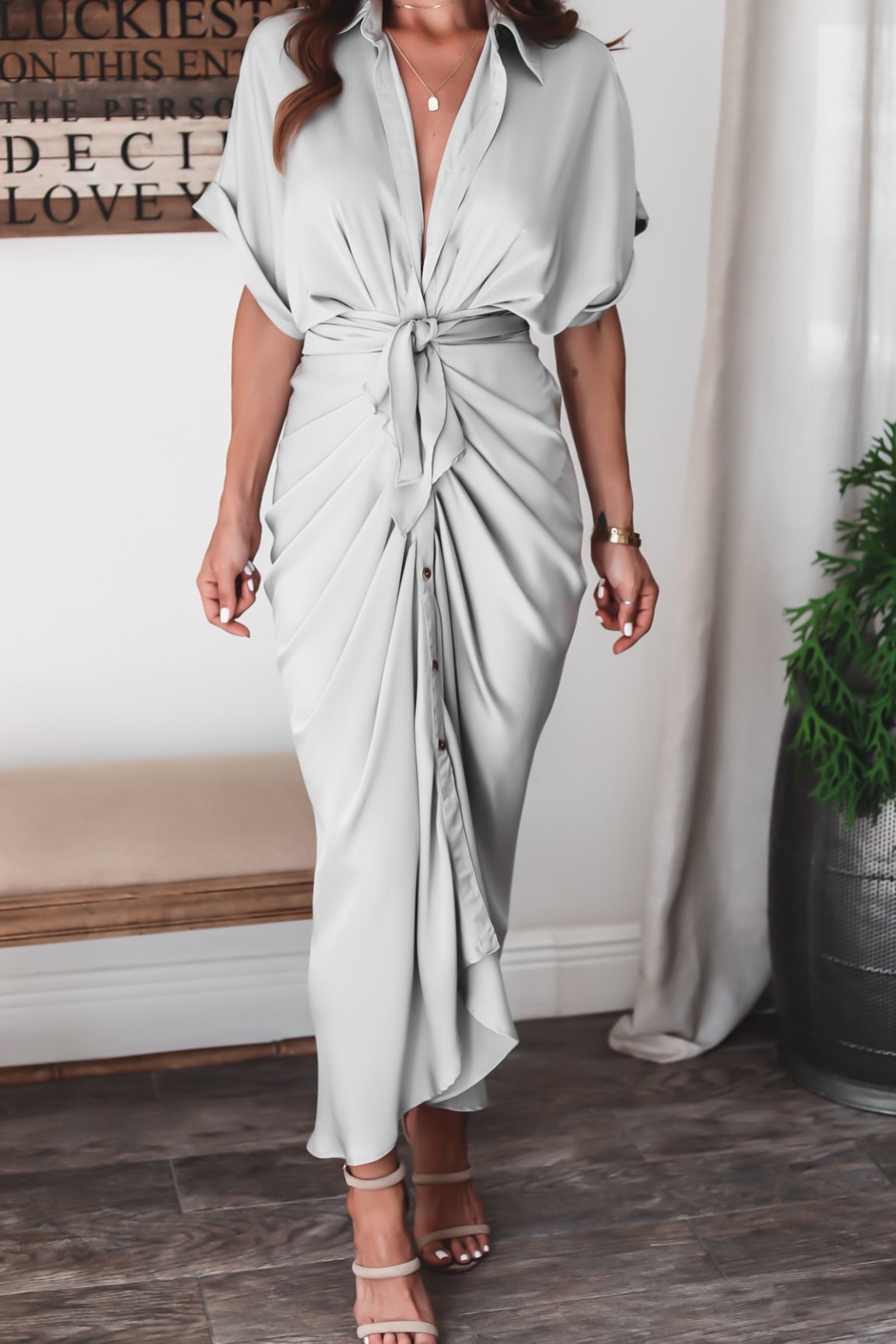 Luv Satin Tie Front Midi Shirt Dress Olive