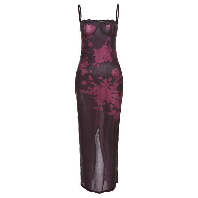Strap Lace Slim Sheath Print Retro Dress