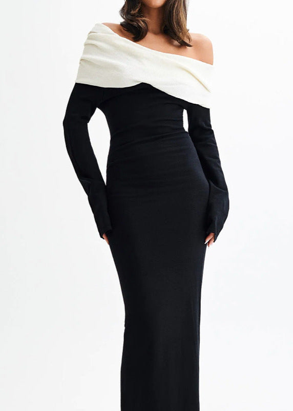 Noir Elegance Off Shoulder Contrast Maxi Dress