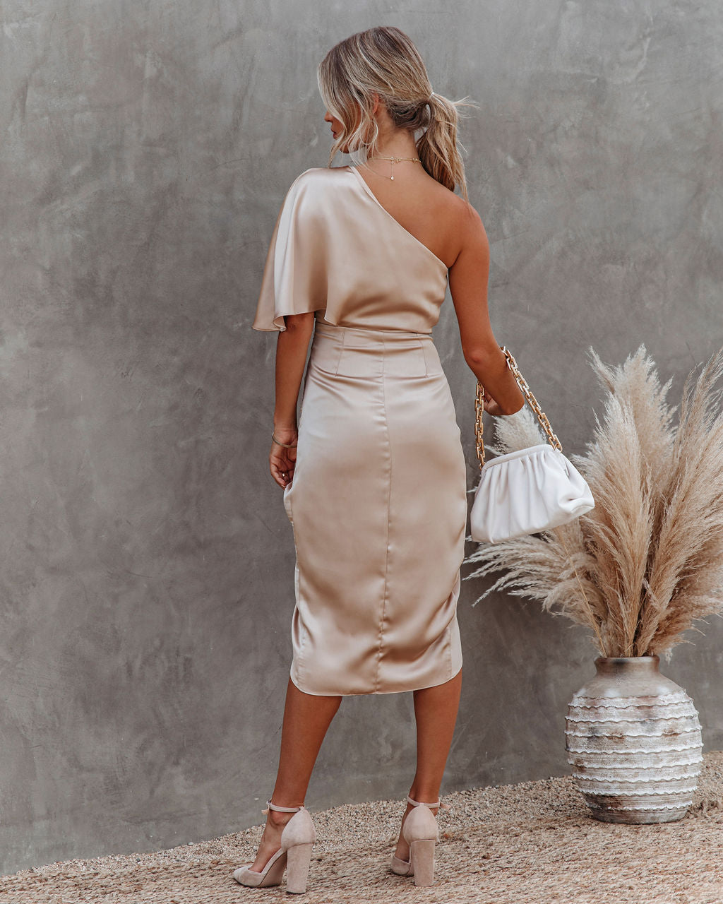 Persimmon One Shoulder Satin Drape Dress Champagne