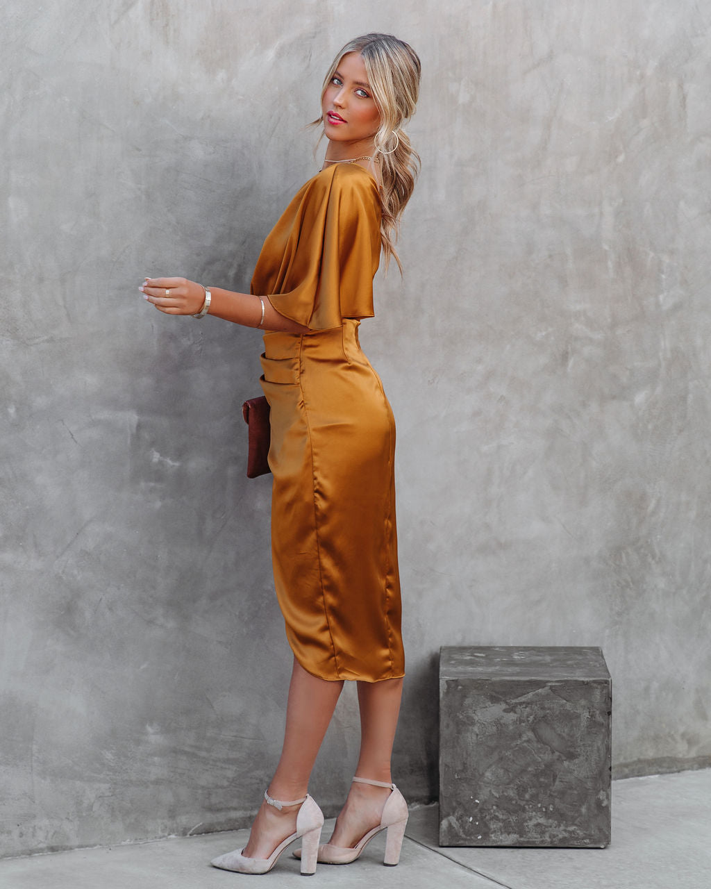 Persimmon One Shoulder Satin Drape Dress Marigold