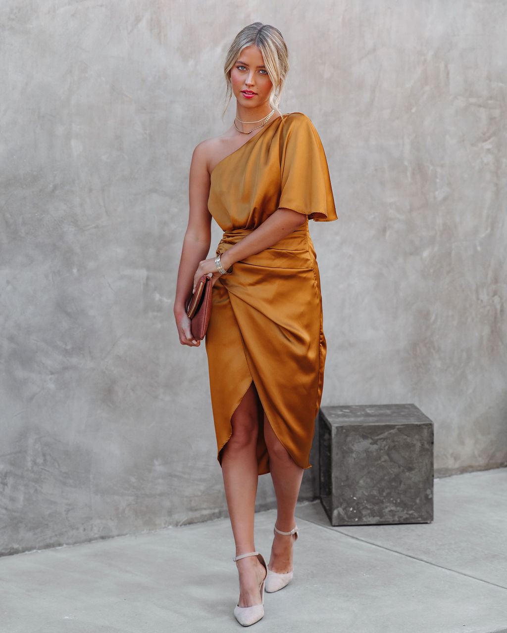 Persimmon One Shoulder Satin Drape Dress Marigold