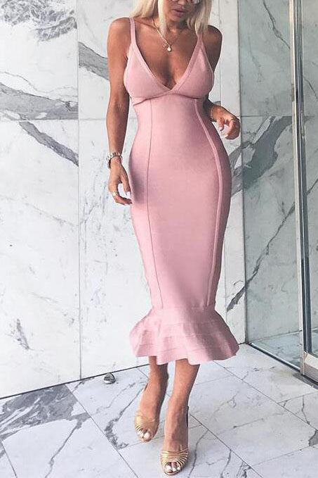 Pink Deep V-neck Spaghetti Straps Bandage Dress