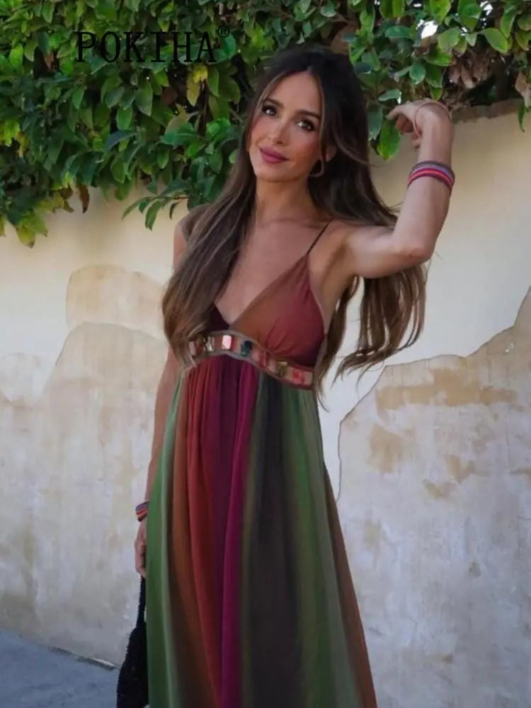 Vintage Sleeveless V Neck High Waist Tie Dye Camo Boho Dress
