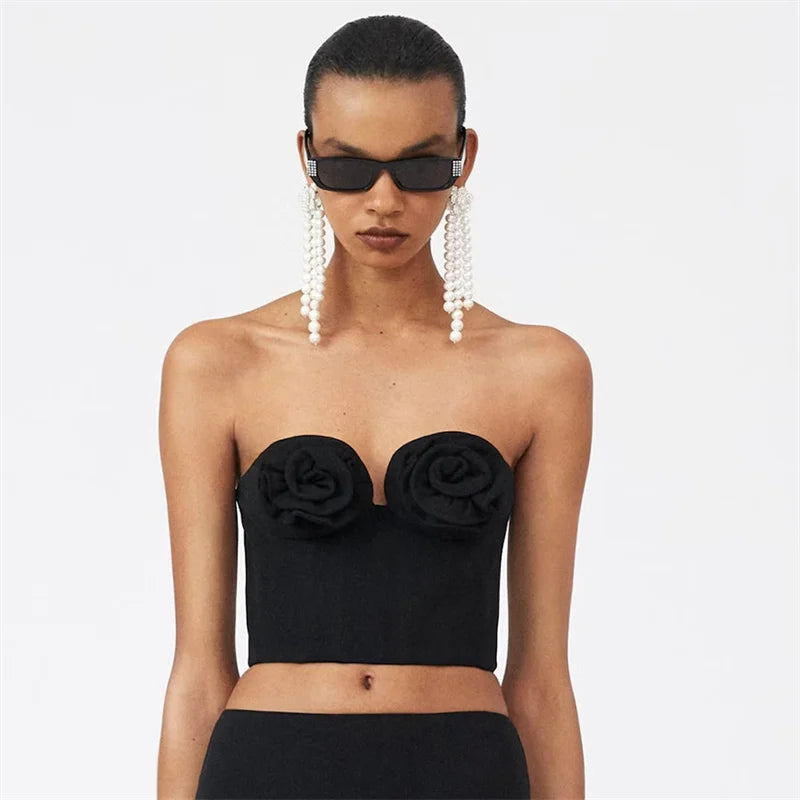 Stylish Sexy Woman Item Stereoscopic Flowers Strapless Top Summer Party Music Festival Vestido Holiday Vocation Outfit