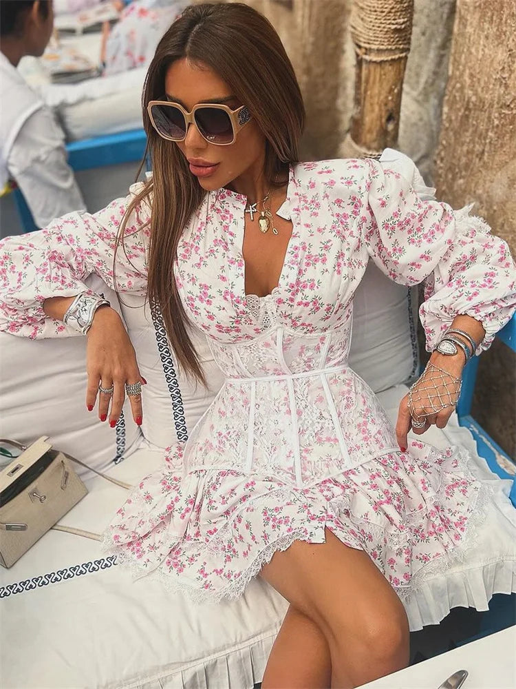 Ruffled Vneck Lace Floral Dress