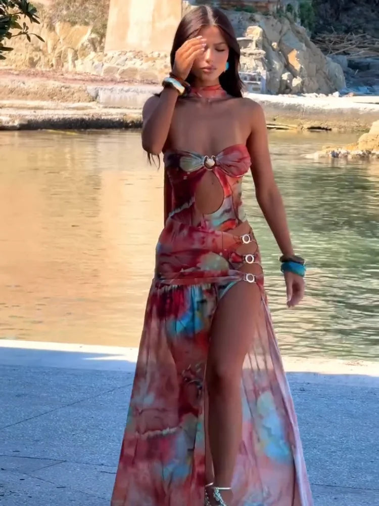 Hollow Laceup Split Floral Dress