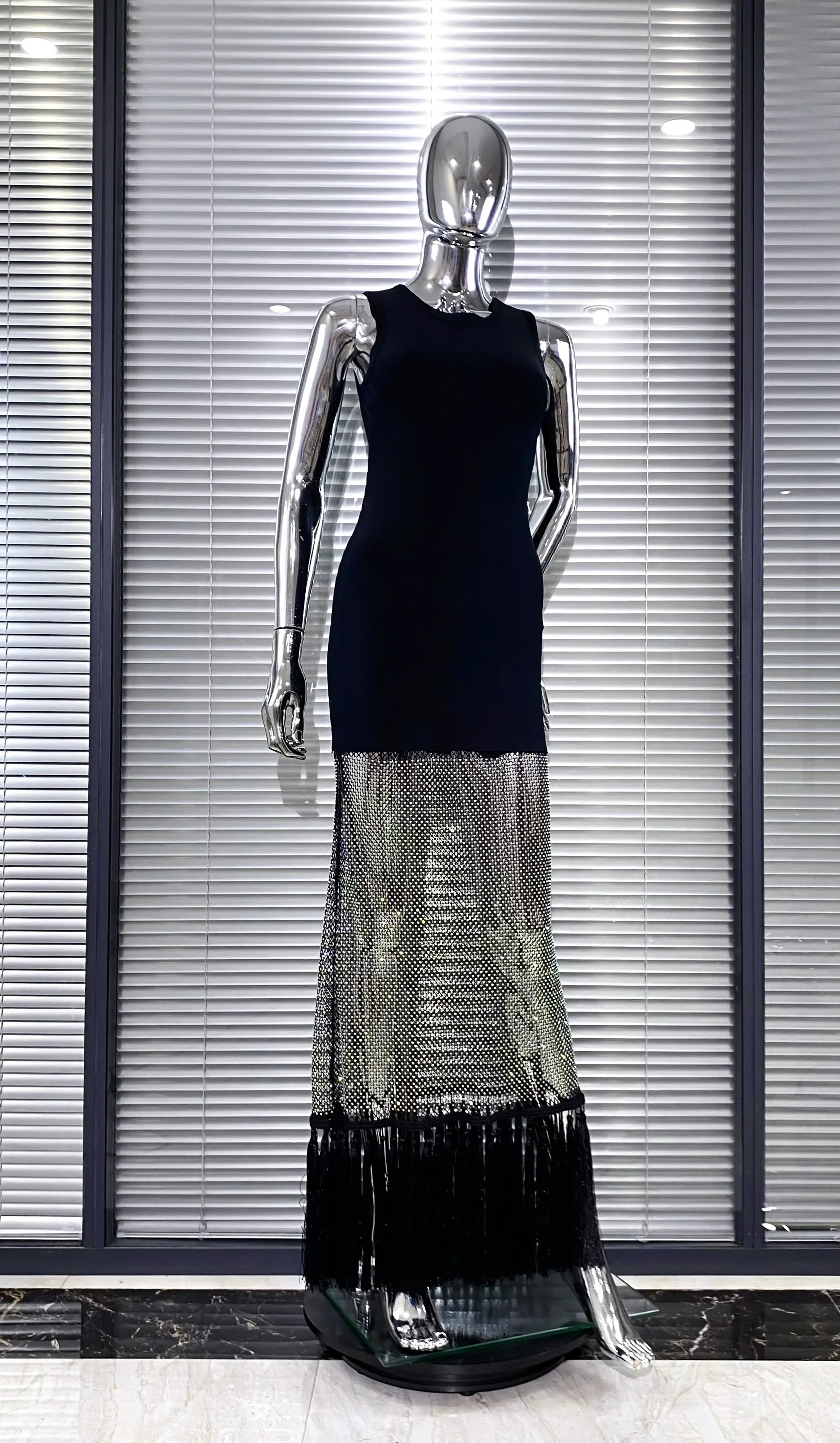 Shining Diamond See Through Mesh Tassels Black Bandage Ankle Length Dress Fashion Woman Party Dress Birthday Party Outfit