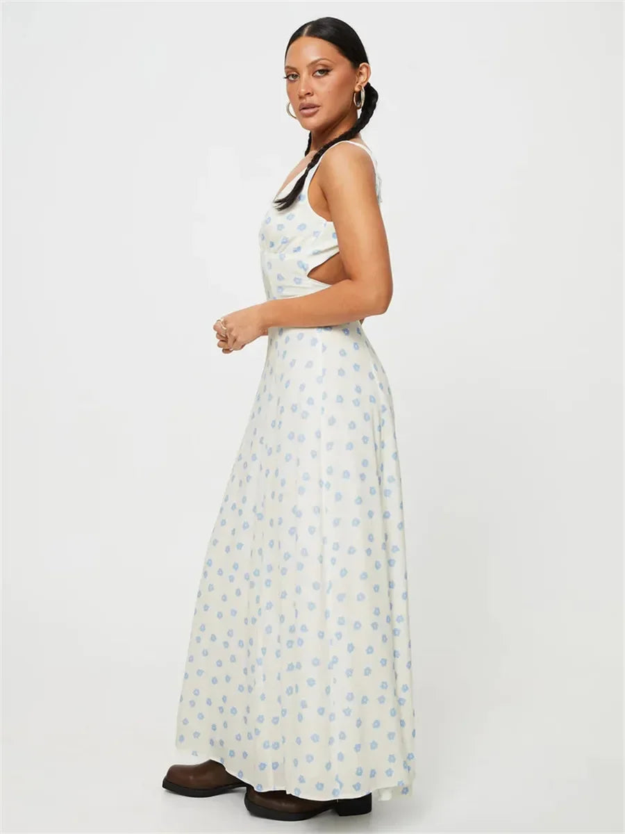 Vneck Laceup Sleeveless Floral Dress