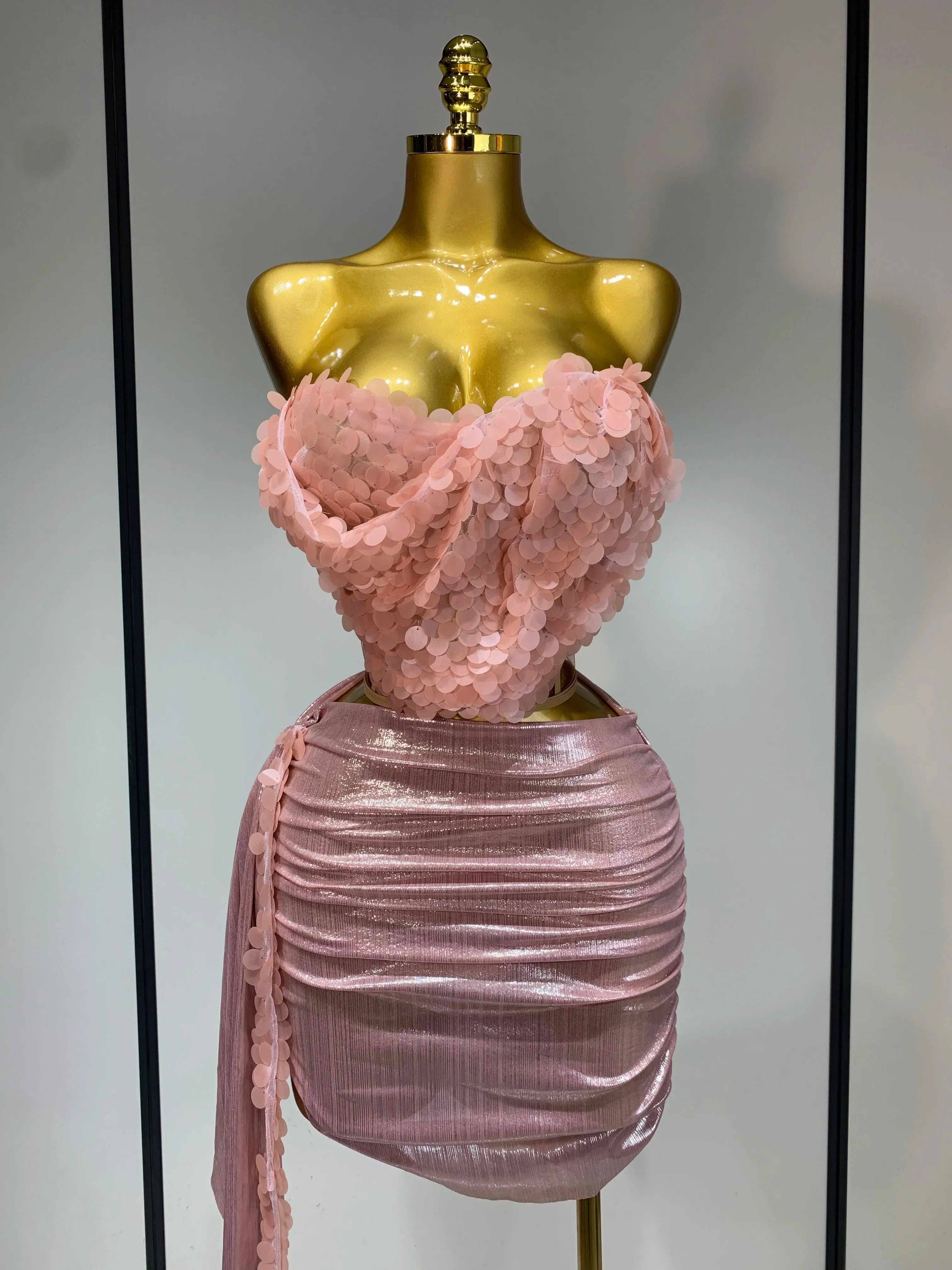 Sparkly Sequin Two Piece Set Sexy Strapless Backless Women's Outfit Evening Party Nightclub Stage Performance Dance Costume Pink