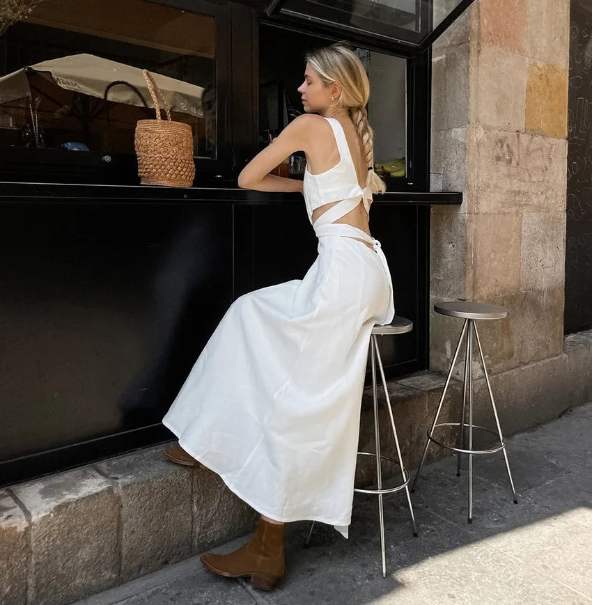 Summer White Elegant Midi Dress Women Chic Sleeveless Waist Hollow Out Long Dresses Streetwear Fashion Lace up Vestidos
